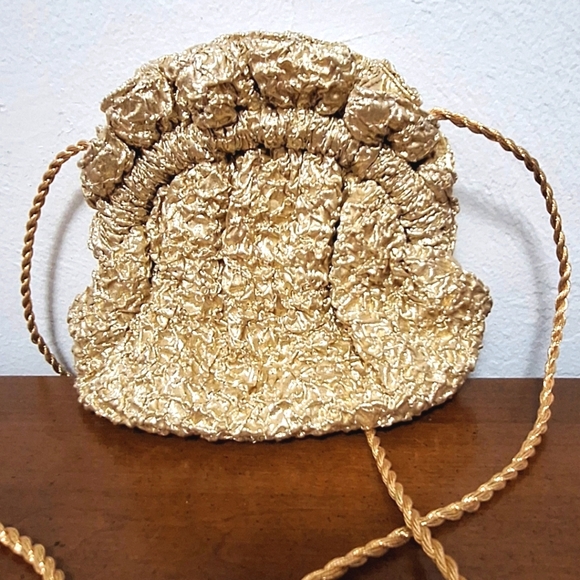 Grace Chuang Vintage Evening Crossbody Purse Gold Crinkle 7"x8" - Picture 2 of 7